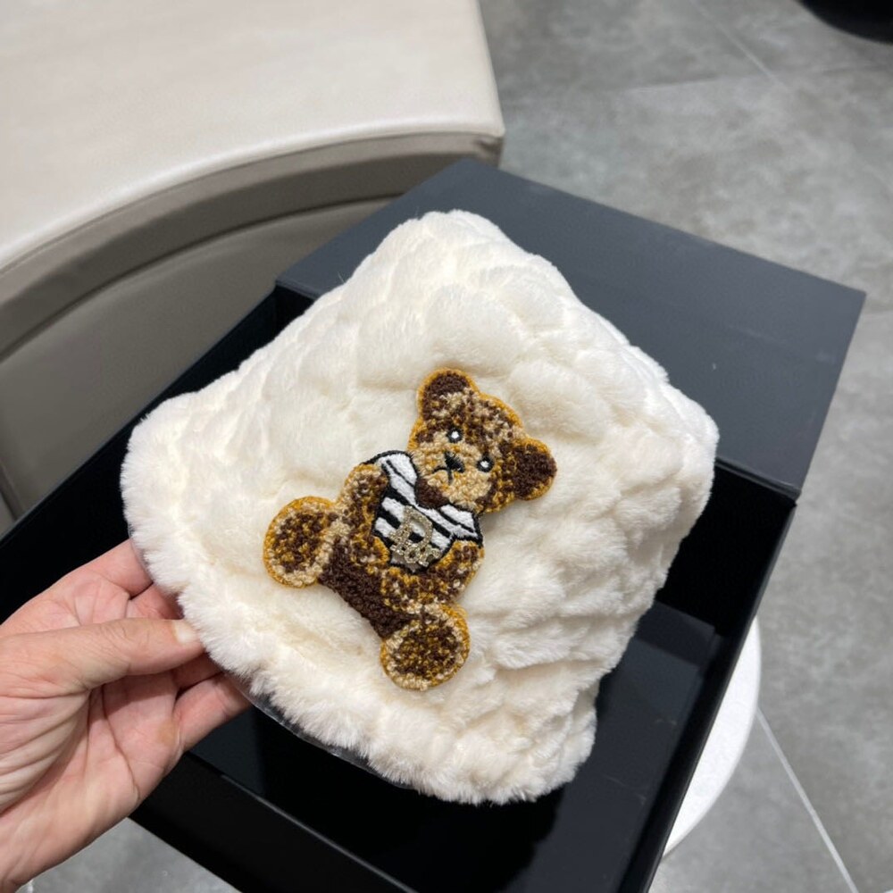 Dior Teddy Bear Embroidered White Faux Fur Bucket Hat